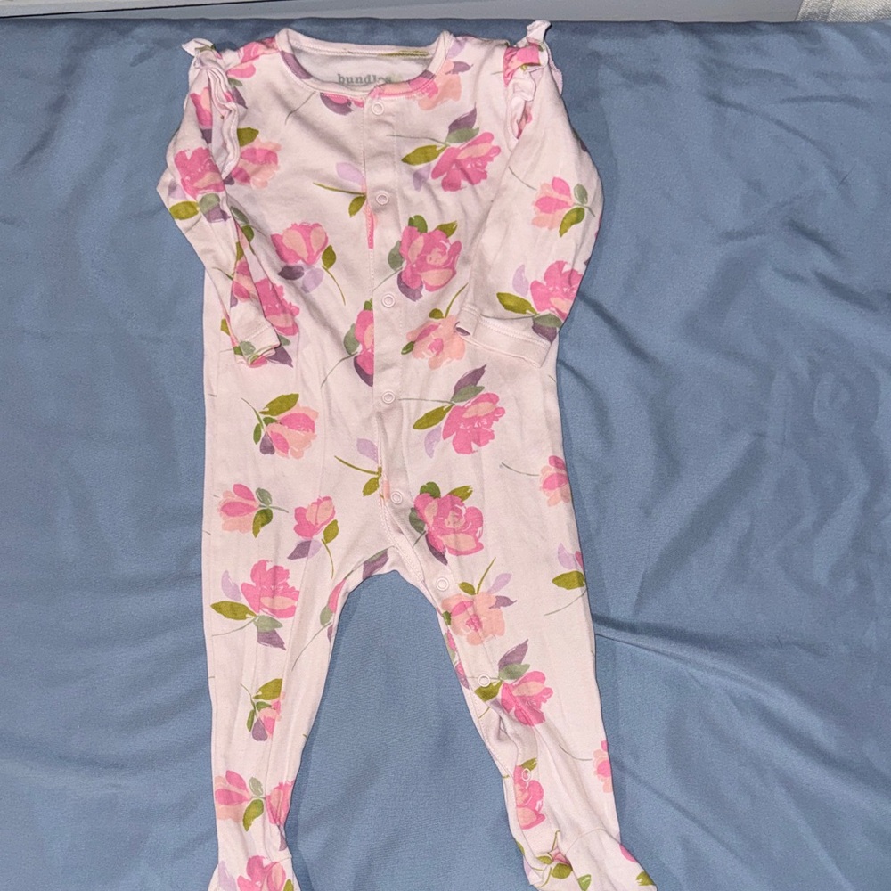 Pink Floral Footed One-Piece with Ruffle Shoulders